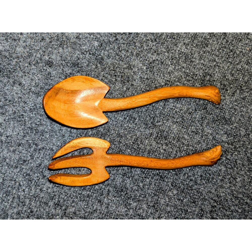 Vintage Mid-Century Hand-Carved Monkey Pod Wood Salad Servers